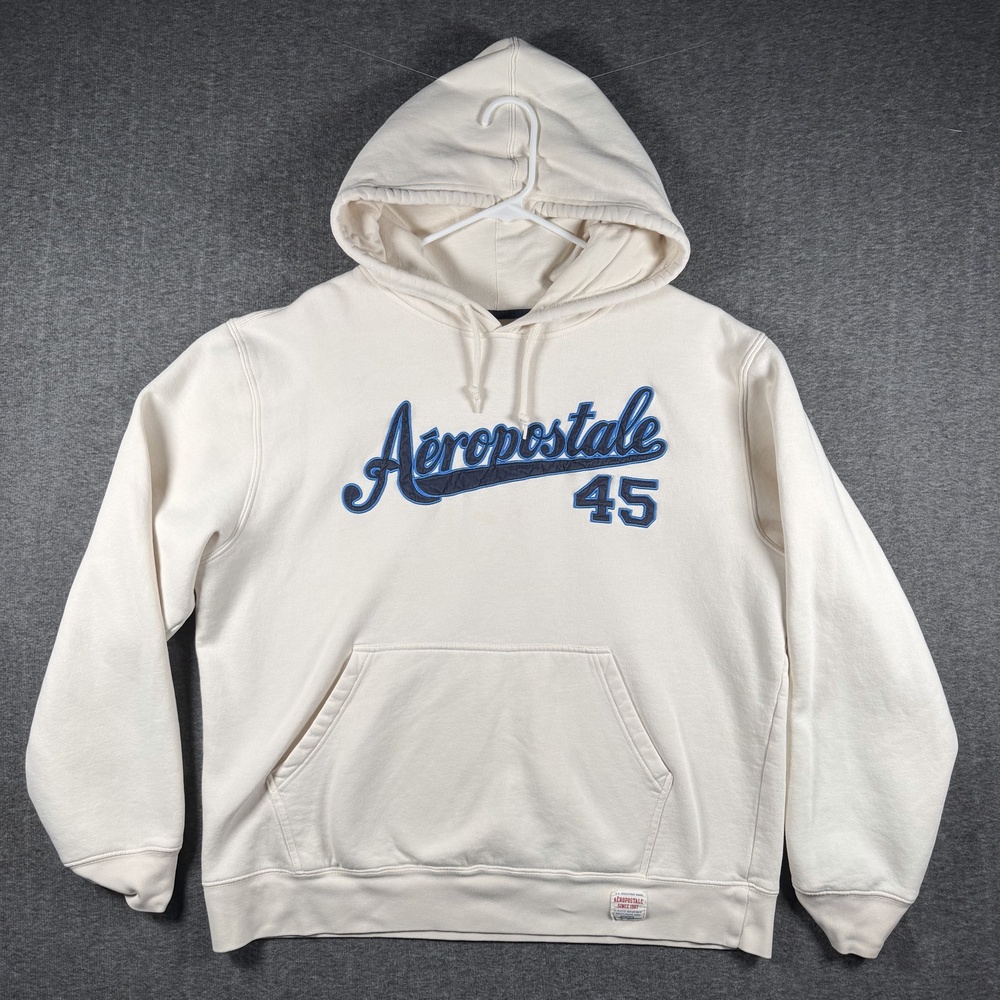Y2K Aeropostale Hoodie Mens Large White Pullover 45 Logo Applique Fleece Graphic